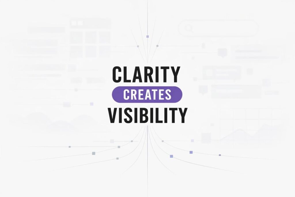 Abstract broken content trail beside a connected network, showing inconsistency versus continuous visibility.