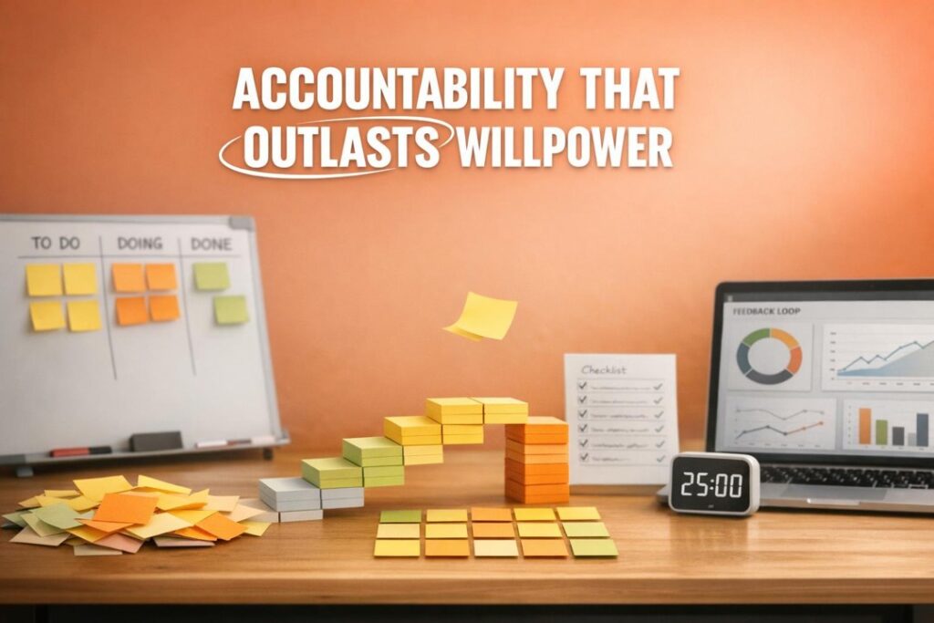 Four sticky notes in a circular loop with arrows and icons for commitment, visibility, feedback, and obstacles.