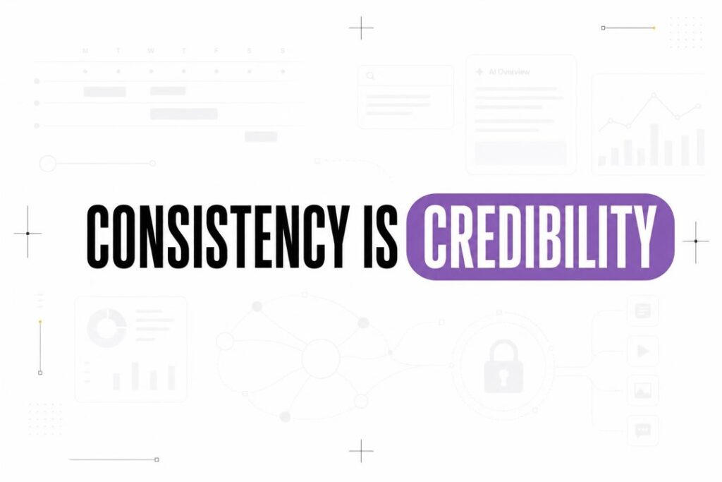 Minimalist typography cover reading Consistency Is Credibility with subtle abstract dashboard and AI UI shapes.