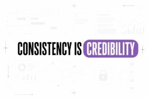 Minimalist typography cover reading Consistency Is Credibility with subtle abstract dashboard and AI UI shapes.