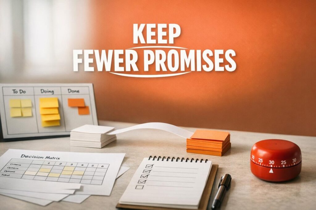 Workspace with an orange wall reading 'KEEP FEWER PROMISES' above a desk; to-do board, sticky notes, notebook, and a red timer.