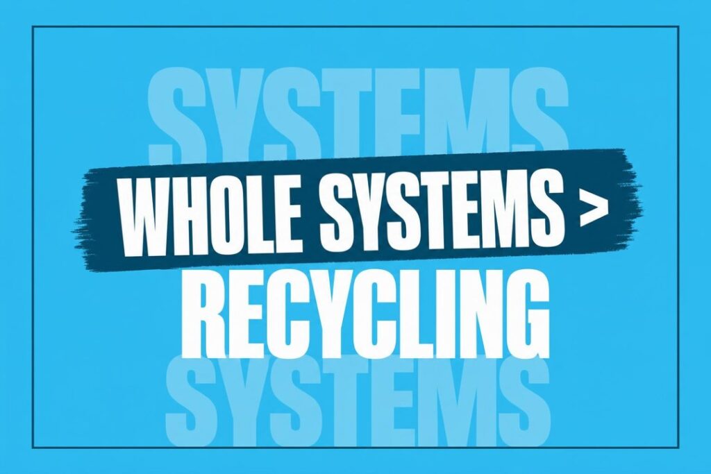 Blue poster with bold white 'WHOLE SYSTEMS' on a dark brush stroke above 'RECYCLING'; faint 'SYSTEMS' watermark in the blue background.