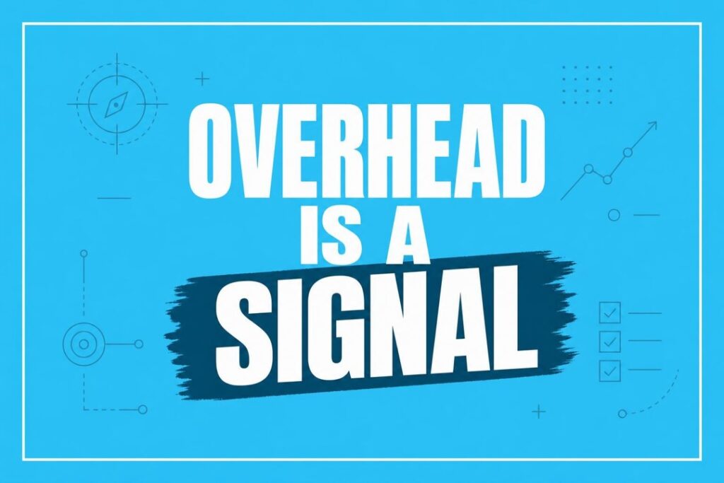 Blue graphic with the white, uppercase text 'OVERHEAD IS A SIGNAL' over a dark brush stroke; technical line-art accents surround it.