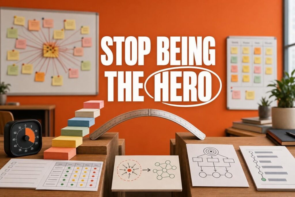 Office scene promoting teamwork: 'STOP BEING THE HERO' on an orange wall, with a rainbow block staircase, a curved ruler between blocks, and charts/notes on a desk.