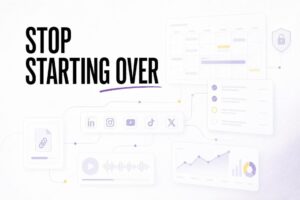 Minimal SaaS-style cover showing connected content workflow and the message Stop Starting Over.