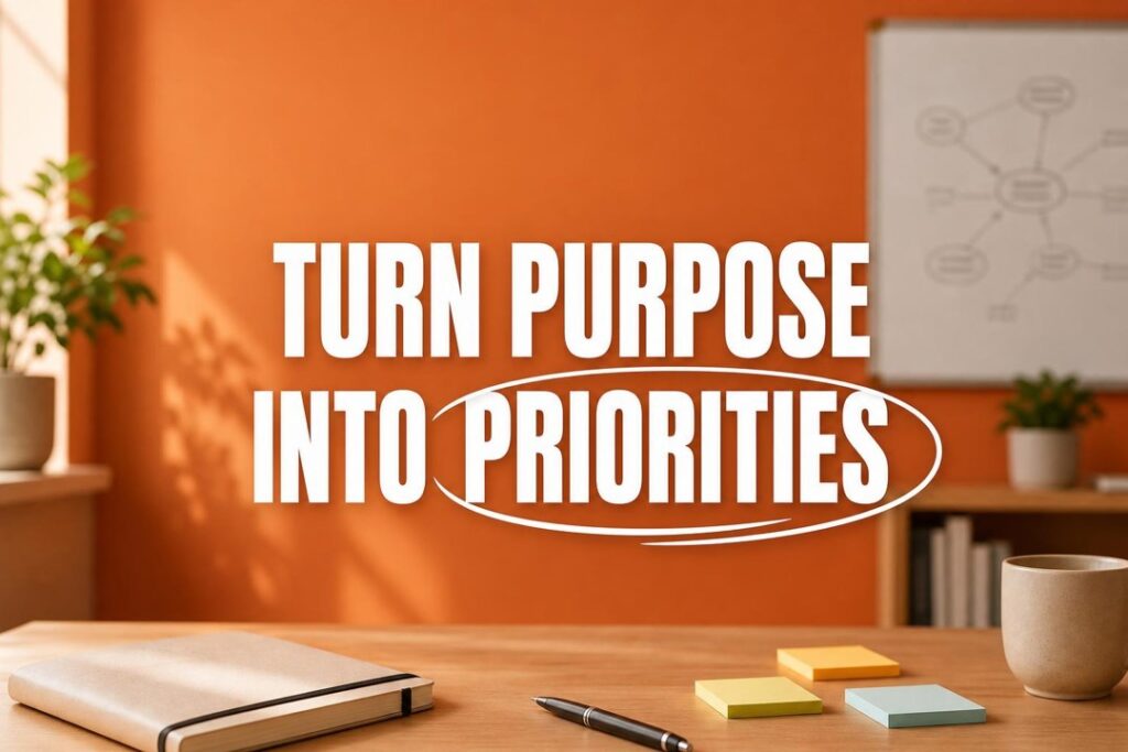 Calm desk with sticky notes and blurred whiteboard, representing a purpose-to-priorities team alignment sprint.