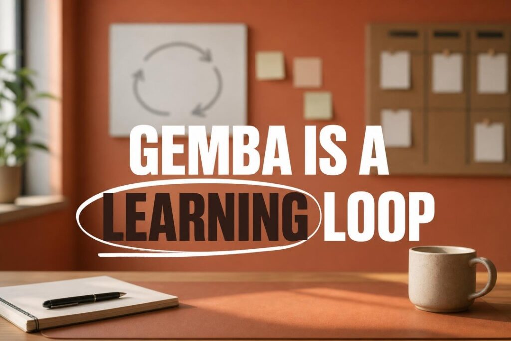 Clean workspace with loop diagram cues, representing gemba walks shifting from inspection to learning.