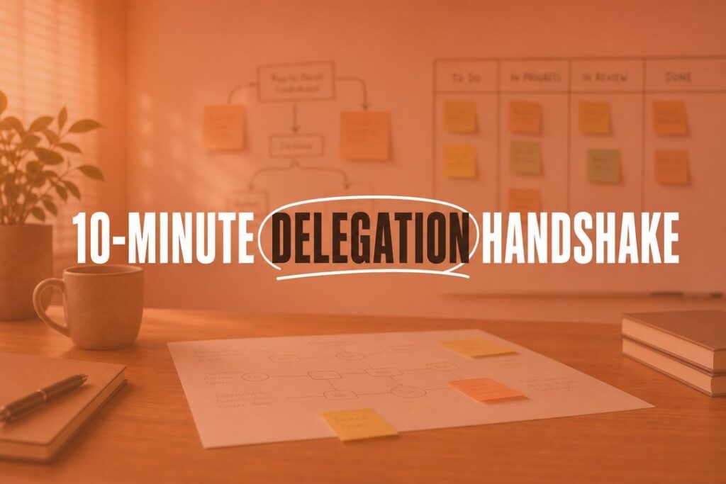 Warm desk scene with whiteboard and sticky notes suggesting a clear delegation workflow.