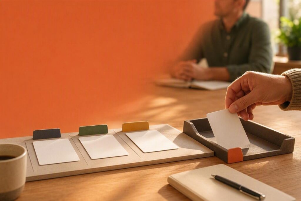 Person holding a blank card above a task-routing tray beside a sorting board with three blank cards and colored tabs on a sunlit wooden table.