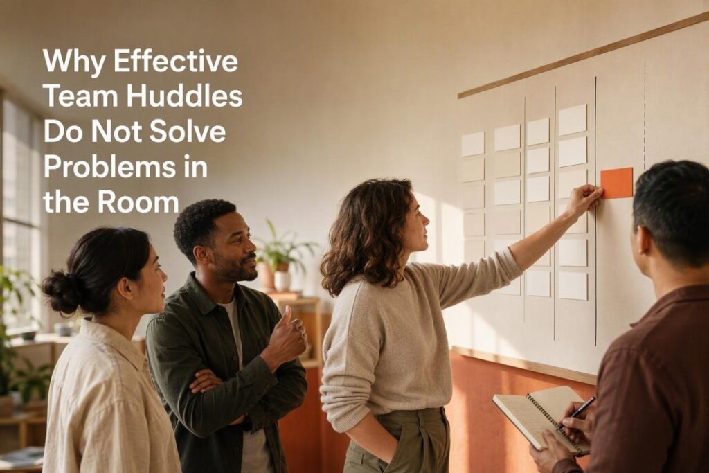 Office team reviews a planning board; overlay text reads, “Why Effective Team Huddles Do Not Solve Problems in the Room.”