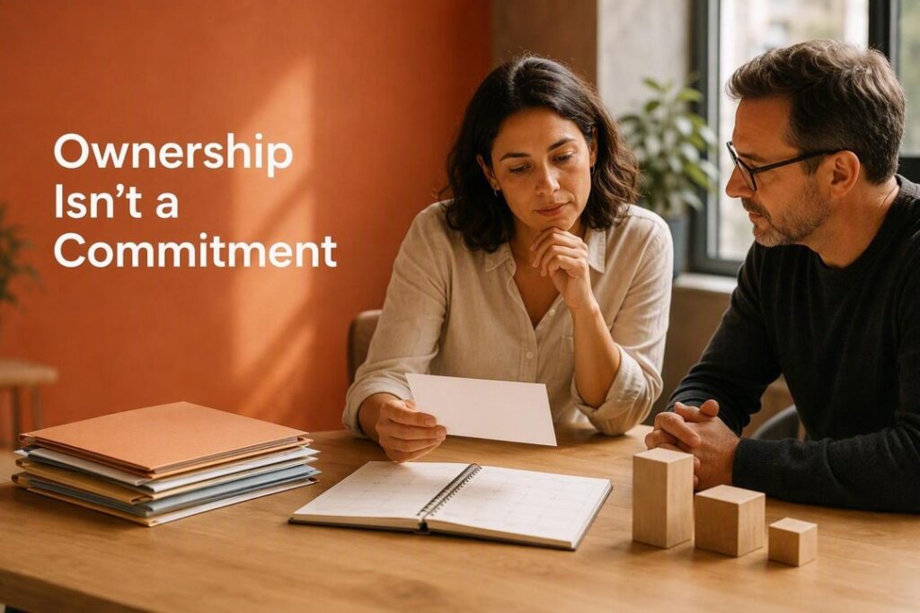 Ownership Isn’t a Commitment. Two coworkers review a blank card beside an open planner, folders, and ascending wooden blocks.
