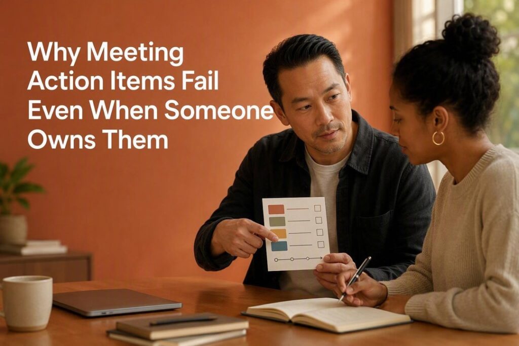Why Meeting Action Items Fail Even When Someone Owns Them. A man points to a task-tracking sheet as a woman writes in a notebook at a table.