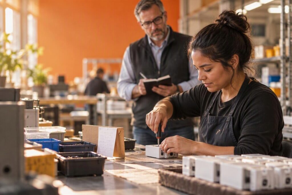 Woman in a workshop uses a screwdriver to assemble a small white unit while a man observes and takes notes.