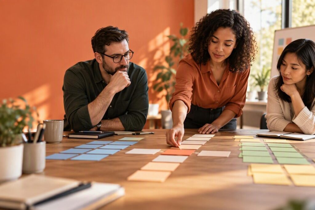 Three coworkers collaboratively arrange blank pastel sticky notes in rows and clusters on a large wooden table in a warmly lit office.