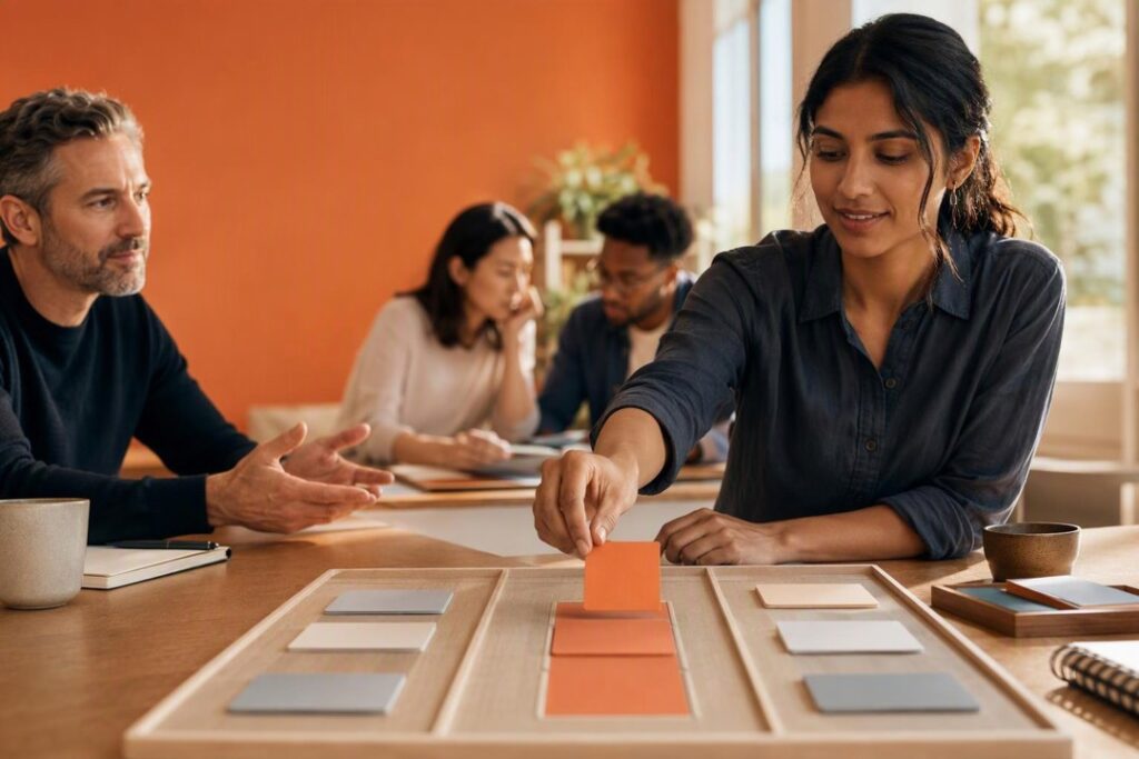 Woman places an orange card on a tabletop workflow board as a man gestures across the table during a group meeting.