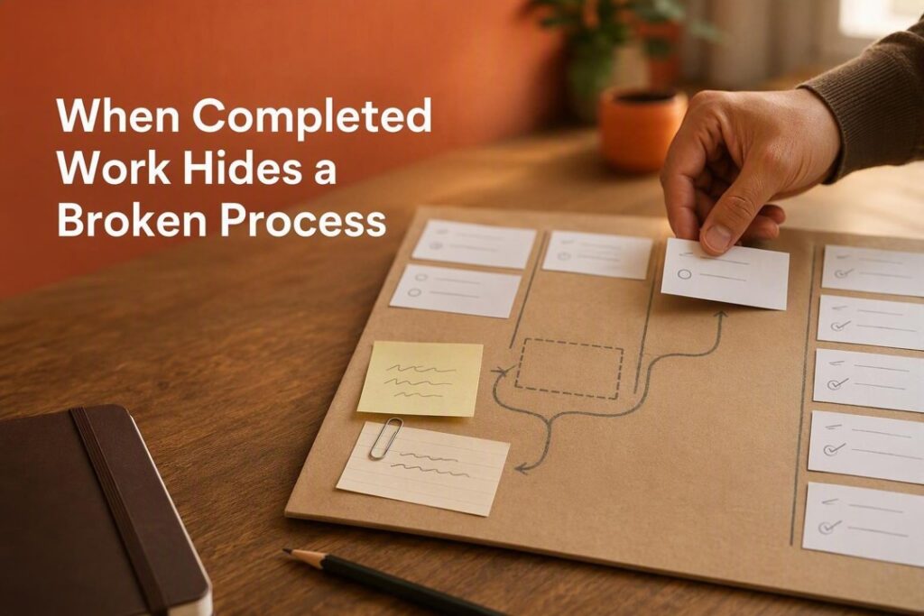 Blog cover titled “When Completed Work Hides a Broken Process,” showing checked task cards beside an empty, looping workflow path on a process board.