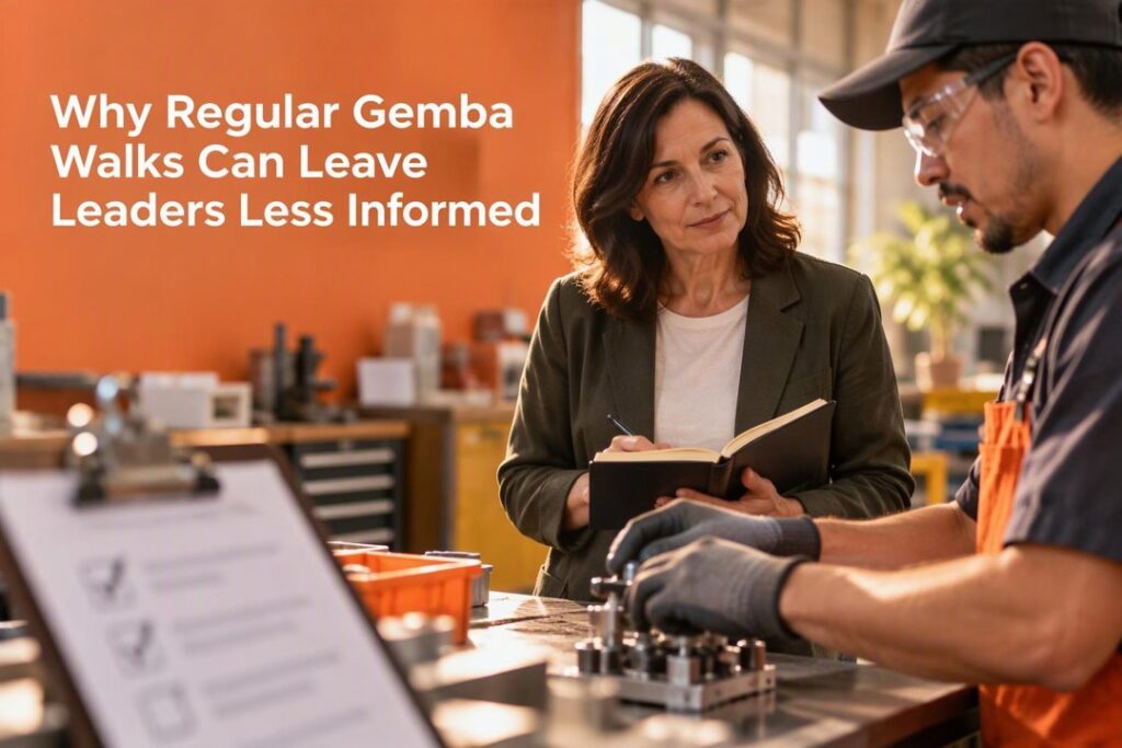 Workshop scene with a woman in a dark blazer taking notes while observing a worker operating equipment. Overlay text reads, “Why Regular Gemba Walks Can Leave Leaders Less Informed.”